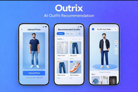 Outrix AI Outfit Recommendation AI powered outfit recommendation app by Outrix showing upload photo, outfit suggestions and virtual try on